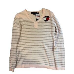 Tommy Hilfiger Women's V-Neck Stripe Sweater Pink/grey US XS New